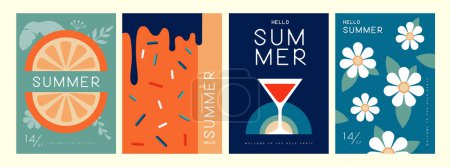 Téléchargez les illustrations : Ensemble d'affiches d'été rétro avec des attributs d'été. Cocktail silhouette cosmopolite, camomille, crème glacée, feuilles tropiques et orange. Illustration vectorielle - en licence libre de droit