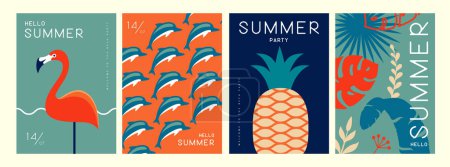 Téléchargez les illustrations : Ensemble d'affiches d'été rétro avec des attributs d'été. Silhouette de flamant rose, dauphins, ananas, fond de feuilles tropiques. Illustration vectorielle - en licence libre de droit