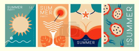 Illustration for Set of retro summer posters with summer attributes. Cocktail cosmopolitan silhouette, girl in swimsuit, sun and dragon fruit. Vector illustration - Royalty Free Image