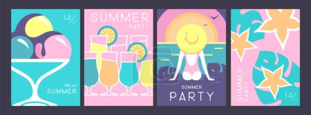 Illustration for Set of retro summer posters with summer attributes. Cocktail silhouette, tequila sunrise, ice cream, tropic leaves and girl on the beach. Vector illustration - Royalty Free Image