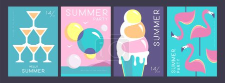 Illustration for Set of retro summer posters with summer attributes. Cocktail cosmopolitan silhouette, flamingo, ice cream and soap bubbles. Vector illustration - Royalty Free Image