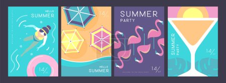 Set Retro-Sommerposter mit sommerlichen Attributen. Cocktail kosmopolitische Silhouette, Flamingo, Blick auf den Strand, Schwimmring und Schwimmerin. Vektorillustration