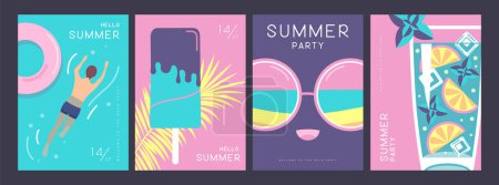 Illustration for Set of retro summer posters with summer attributes. Mojito cocktail, sunglasses, ice cream, swim ring and swimming man. Vector illustration - Royalty Free Image