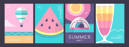 Téléchargez les illustrations : Ensemble d'affiches d'été rétro avec des attributs d'été. Silhouette cocktail, lever de soleil tequila, montgolfière, pastèque et camp. Illustration vectorielle - en licence libre de droit