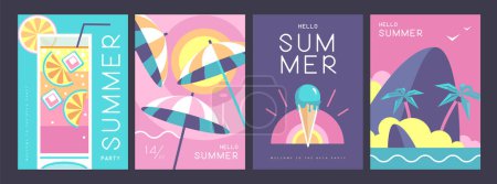 Illustration for Set of retro summer posters with summer attributes. Cocktail silhouette, tequila sunrise, beach umbrella, ice cream and tropic island. Vector illustration - Royalty Free Image