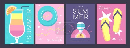 Illustration for Set of retro summer posters with summer attributes. Cocktail silhouette, tequila sunrise, hot air balloon, swim ring and flip flops. Vector illustration - Royalty Free Image