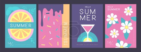 Téléchargez les illustrations : Ensemble d'affiches d'été rétro avec des attributs d'été. Cocktail silhouette cosmopolite, camomille, crème glacée, feuilles tropiques et orange. Illustration vectorielle - en licence libre de droit