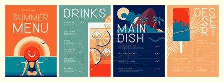 Téléchargez les illustrations : Rétro design de menu de restaurant d'été avec cocktail, île tropique, crème glacée et femme au chapeau. Illustration vectorielle - en licence libre de droit