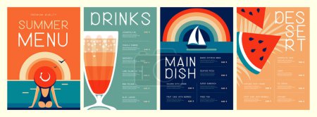 Téléchargez les illustrations : Rétro design de menu de restaurant d'été avec cocktail, pastèque, arc-en-ciel et femme au chapeau. Illustration vectorielle - en licence libre de droit