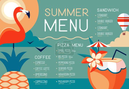 Retro summer restaurant menu design with flamingo, pineapple and pina colada cocktail. Vector illustration