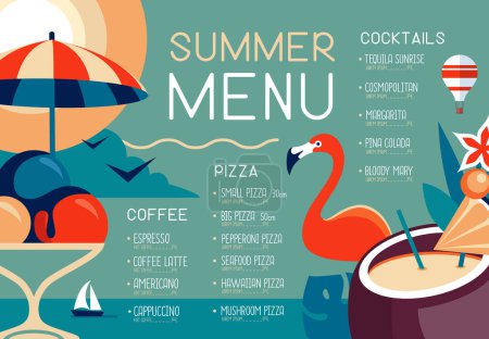 Ilustración de Diseño de menú de restaurante retro de verano con flamenco, helado y cóctel de pina colada. Ilustración vectorial - Imagen libre de derechos