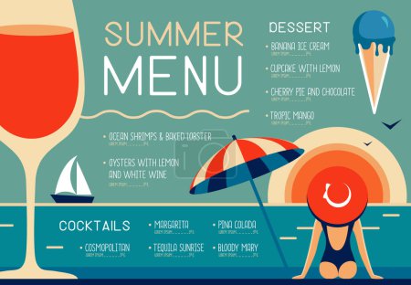 Téléchargez les illustrations : Rétro design de menu de restaurant d'été avec verre à vin, parasol, crème glacée et femme au chapeau. Illustration vectorielle - en licence libre de droit