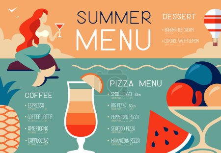 Téléchargez les illustrations : Menu restaurant d'été rétro design avec sirène et verre à cocktail. Illustration vectorielle - en licence libre de droit