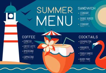 Retro summer restaurant menu design with flamingo, lighthouse and pina colada cocktail. Vector illustration