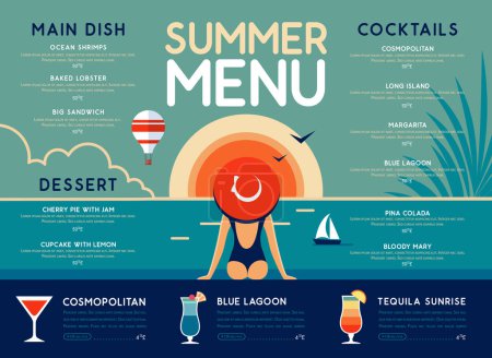 Illustration for Retro summer restaurant menu design with cocktails, ocean landscape and woman in hat. Vector illustration - Royalty Free Image