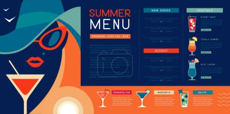 Illustration for Retro summer restaurant cocktail menu design with lady in hat with martini glass. Vector illustration - Royalty Free Image