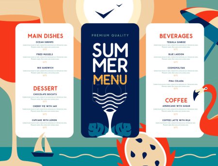 Retro summer restaurant menu design with flamingo, wine glass and pitahaya. Vector illustration