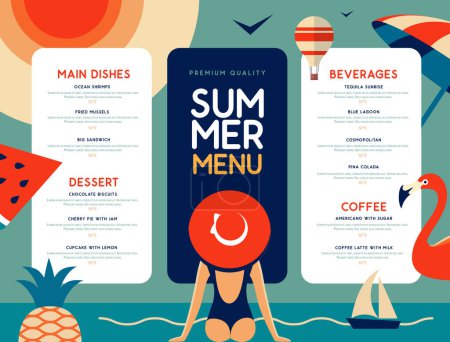Retro summer restaurant menu design with pineapple, flamingo and woman in hat. Vector illustration