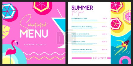 Rétro design de menu de restaurant d'été avec cocktail, flamant rose et vue sur la plage. Illustration vectorielle