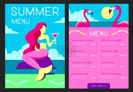 Téléchargez les illustrations : Menu restaurant d'été rétro design avec sirène et verre à cocktail. Illustration vectorielle - en licence libre de droit