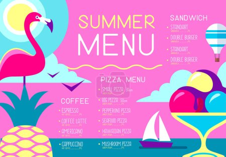 Téléchargez les illustrations : Menu de restaurant d'été rétro avec flamant rose, ananas, crème glacée et montgolfière. Illustration vectorielle - en licence libre de droit