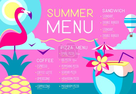 Illustration for Retro summer restaurant menu design with flamingo, pineapple and pina colada cocktail. Vector illustration - Royalty Free Image