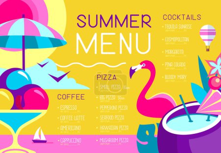 Téléchargez les illustrations : Design de menu de restaurant d'été rétro avec flamant rose, crème glacée et cocktail pina colada. Illustration vectorielle - en licence libre de droit
