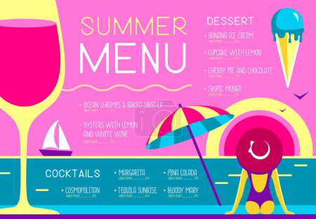 Téléchargez les illustrations : Rétro design de menu de restaurant d'été avec verre à vin, parasol, crème glacée et femme au chapeau. Illustration vectorielle - en licence libre de droit