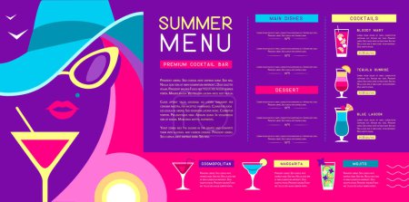 Téléchargez les illustrations : Rétro restaurant d'été cocktail design avec dame au chapeau avec verre de martini. Illustration vectorielle - en licence libre de droit