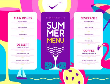 Téléchargez les illustrations : Design de menu de restaurant d'été rétro avec flamant rose, verre à vin et pitahaya. Illustration vectorielle - en licence libre de droit
