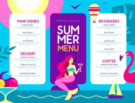 Ilustración de Diseño de menú de restaurante de verano retro con sirena y copa de cóctel. Ilustración vectorial - Imagen libre de derechos