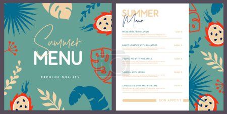 Téléchargez les illustrations : Design de menu de restaurant d'été rétro avec motif de feuilles tropiques et pitahaya. Illustration vectorielle - en licence libre de droit
