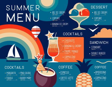 Téléchargez les illustrations : Menu restaurant d'été rétro avec crème glacée, arc-en-ciel et cocktails. Illustration vectorielle - en licence libre de droit