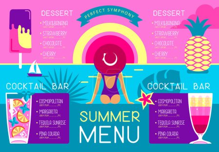 Téléchargez les illustrations : Rétro design de menu de restaurant d'été avec cocktails, ananas, crème glacée et femme au chapeau. Illustration vectorielle - en licence libre de droit