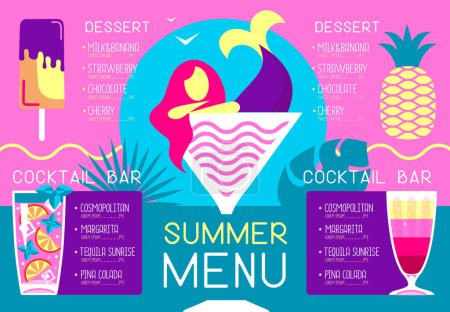 Téléchargez les illustrations : Menu restaurant d'été rétro avec cocktails, ananas, crème glacée et sirène. Illustration vectorielle - en licence libre de droit