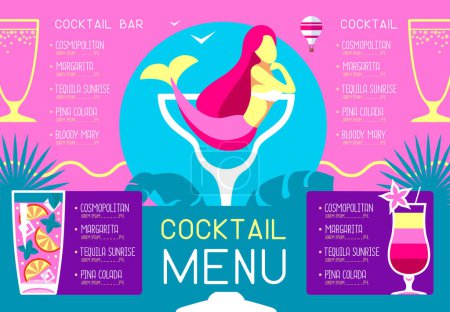 Illustration for Retro summer restaurant menu design with cocktails and mermaid. Vector illustration - Royalty Free Image