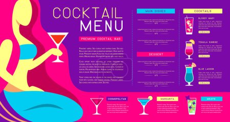 Téléchargez les illustrations : Rétro restaurant d'été cocktail design avec sirène et verre de martini. Illustration vectorielle - en licence libre de droit