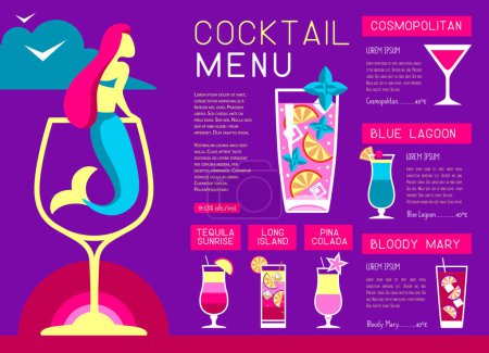 Retro summer restaurant cocktail menu design with mermaid in wine glass. Vector illustration