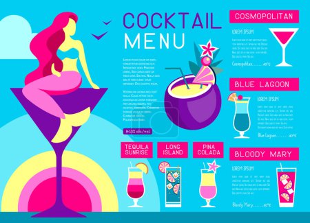 Retro summer restaurant cocktail menu design with mermaid and martini glass. Vector illustration