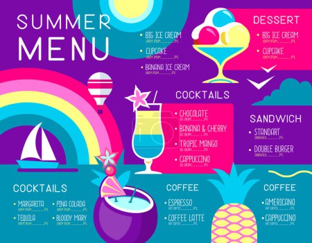 Ilustración de Diseño de menú de restaurante de verano retro con helado, arco iris y cócteles. Ilustración vectorial - Imagen libre de derechos