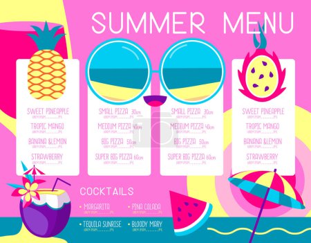 Illustration for Retro summer restaurant menu design with sunglasses, wine glass and pitahaya. Vector illustration - Royalty Free Image