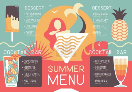 Téléchargez les illustrations : Menu restaurant d'été rétro avec cocktails, ananas, crème glacée et sirène. Illustration vectorielle - en licence libre de droit