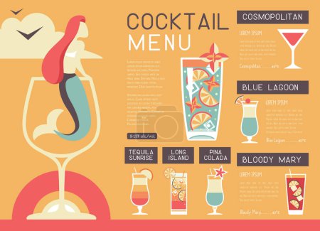 Illustration for Retro summer restaurant cocktail menu design with mermaid in wine glass. Vector illustration - Royalty Free Image