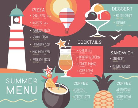 Retro summer restaurant menu design with ice cream, lighthouse and cocktails. Vector illustration