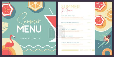 Retro summer restaurant menu design with cocktail, flamingo and beach top view. Vector illustration