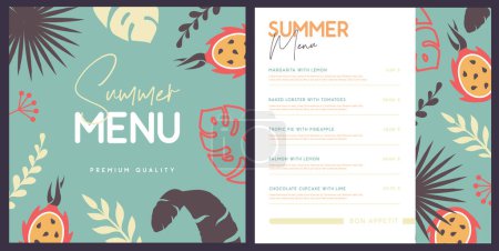 Ilustración de Diseño de menú de restaurante retro de verano con patrón de hojas tropicales y pitahaya. Ilustración vectorial - Imagen libre de derechos