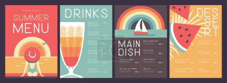 Téléchargez les illustrations : Rétro design de menu de restaurant d'été avec cocktail, pastèque, arc-en-ciel et femme au chapeau. Illustration vectorielle - en licence libre de droit