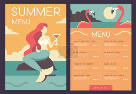 Illustration for Retro summer restaurant menu design with mermaid and cocktail glass. Vector illustration - Royalty Free Image