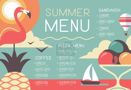 Ilustración de Diseño de menú de restaurante retro de verano con flamenco, piña, helado y globo aerostático. Ilustración vectorial - Imagen libre de derechos