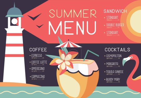 Retro summer restaurant menu design with flamingo, lighthouse and pina colada cocktail. Vector illustration